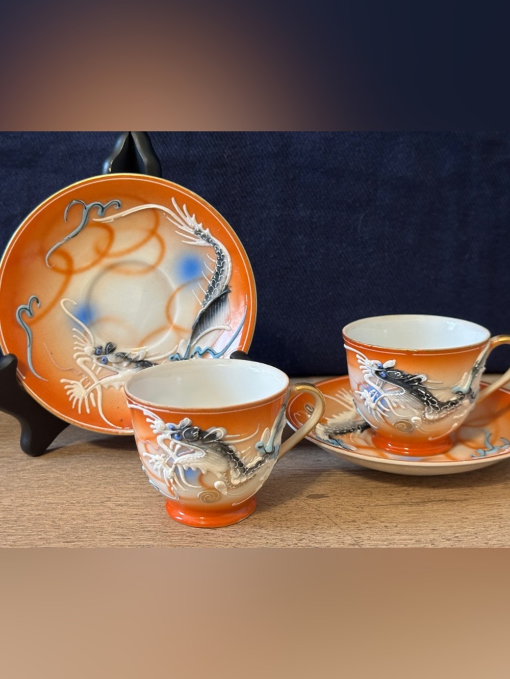Hand-Painted Dragonware Orange Dragon Tea Cup & Saucer Set  “Le Roi”